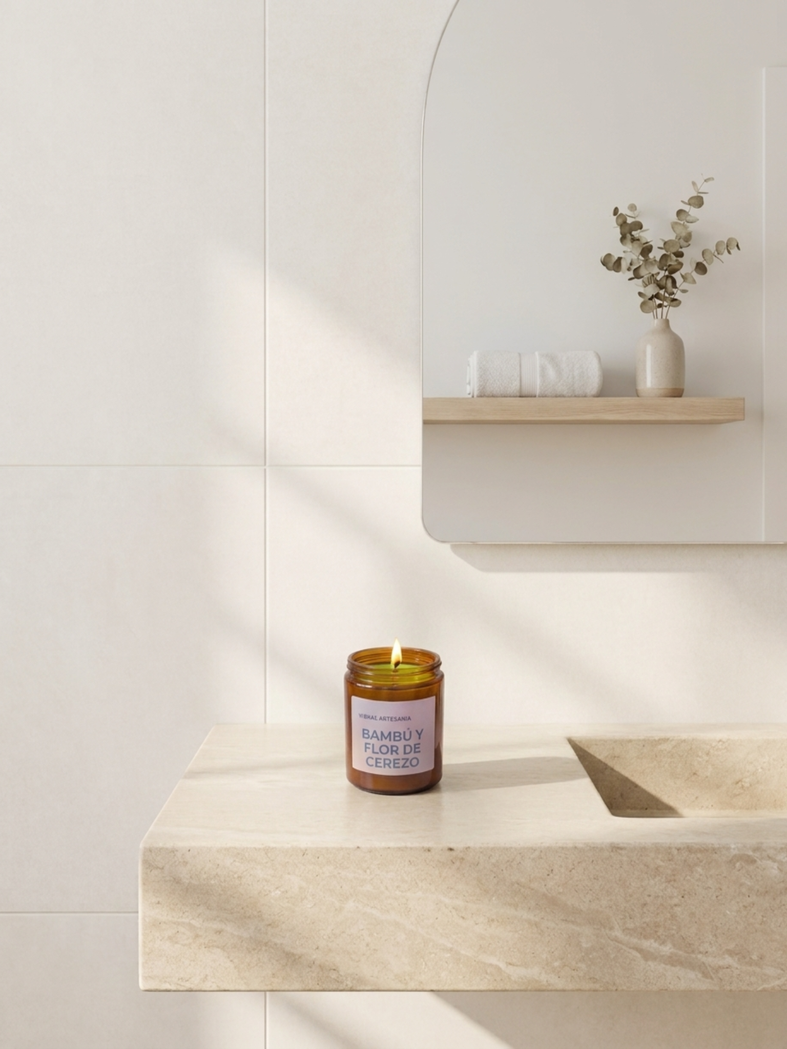 Vela bambú y flor de cerezo