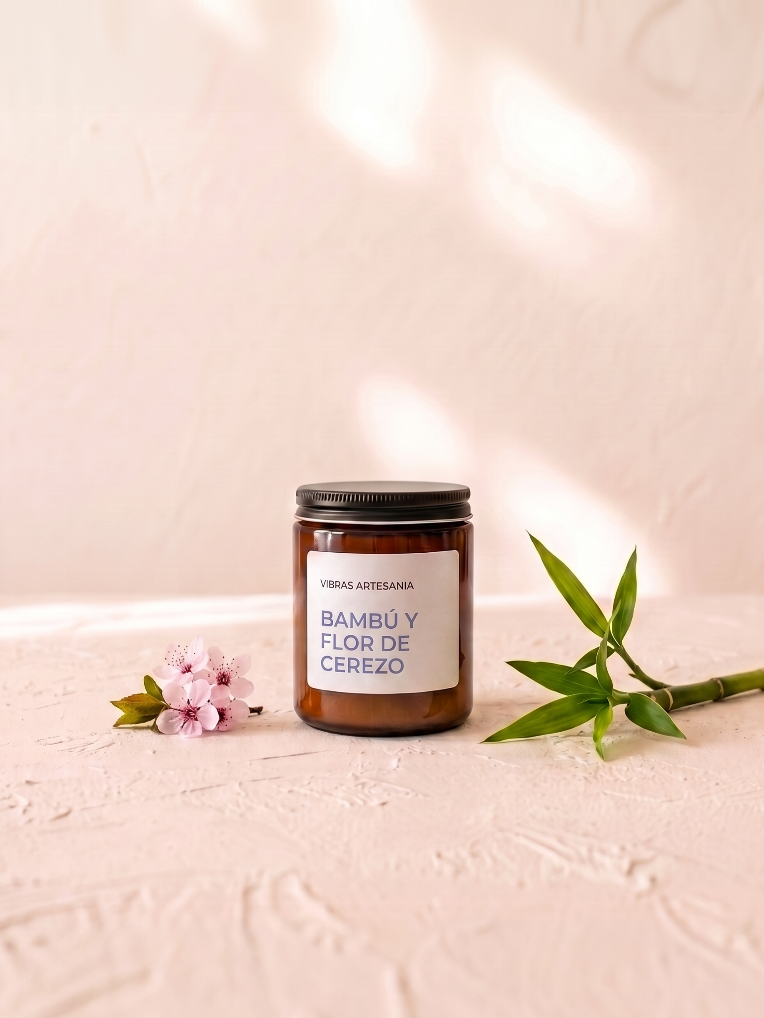 Vela bambú y flor de cerezo